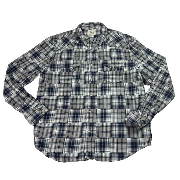 Lucky Brand Shirt Mens XL Blue Western Patchwork Pearl Snap Plaid Rodeo Country - Picture 1 of 8